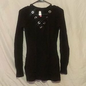 Black Lace Up Front Knit Over Sweater
